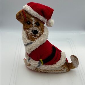 Jack Russell terrier needle point pillow/door, stopper Santa suit 12”
